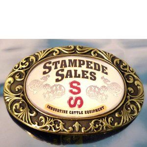 Vintage Brass Belt Buckle, SS, Stampede Sales, Innovative Cattle Equipment